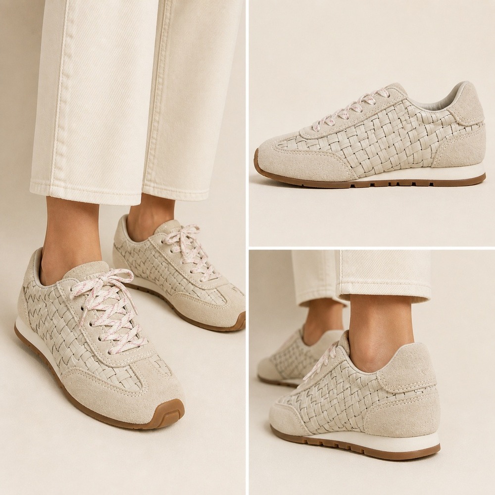 Larroudé Stella Macrame Sneakers Mushroom Grey Leather Suede 6.5